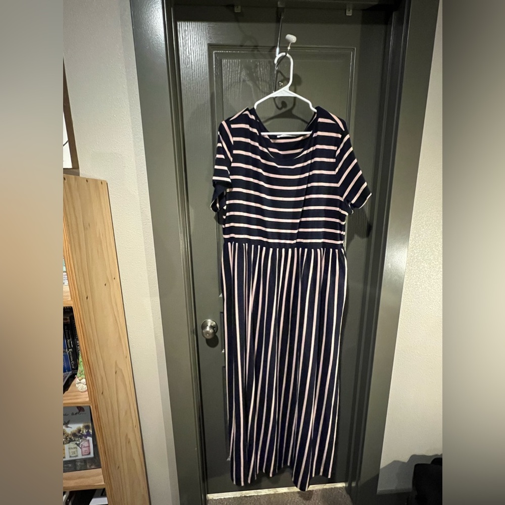 Navy blue and pink striped maxi dress